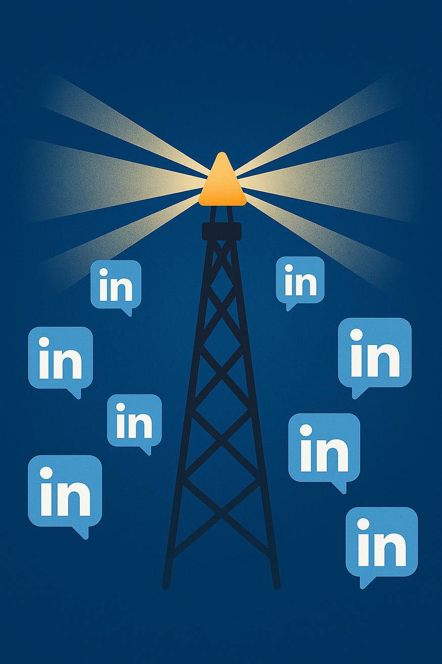 Illustration of a radio tower broadcasting LinkedIn logos as signals against a dark blue background.