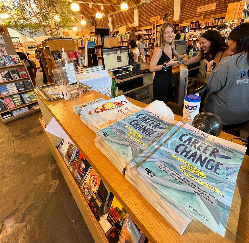 Stacks of a blue booklet with text that reads “Career change” in big letters.