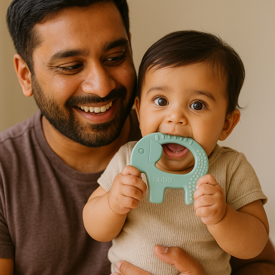 Father with child using Nubokind silicone teether