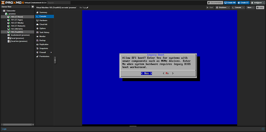 Proxmox TrueNAS VM Console