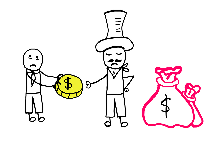 How Does Fiat Money Work? — A cartoon illustration showing a poor man on the left sadly handing a big dollar coin to a rich man who coldly collects the money with folded arms and closed eyes. Beside the rich man, on the right, you see big piles of cash with dollar signs marked on them.