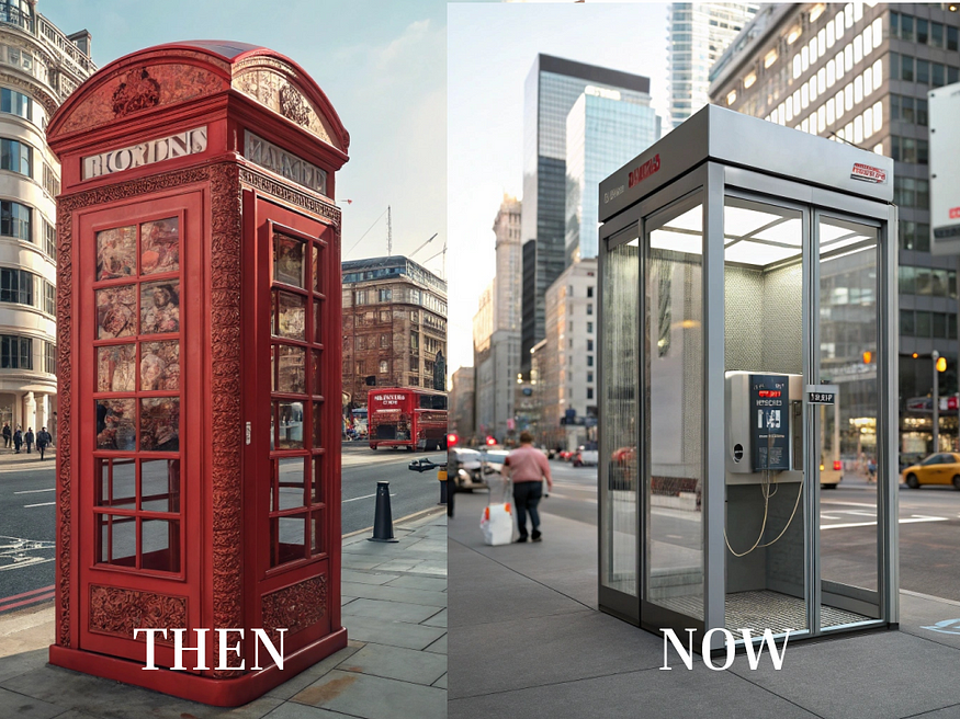 AI generated phone-booths, 20th century vs 21 century (Made using Recraft.ai)