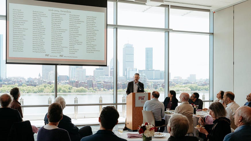 Attendees of the awards luncheon listen intently to David Darmofal giving a speech that congratulates 102 previous awardees and this year’s awardees.