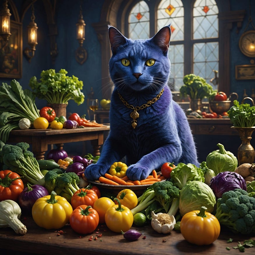 A beautiful blue cat sits at a table full of various vegetables and eats them with pleasure