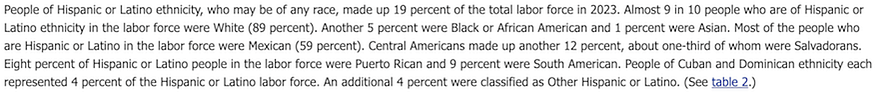 A paragraph from a Labor Department report, noting that roughly 9 in 10 Hispanics in their data are classified racially as white, meaning they are also included in the employment and unemployment numbers for white folks.