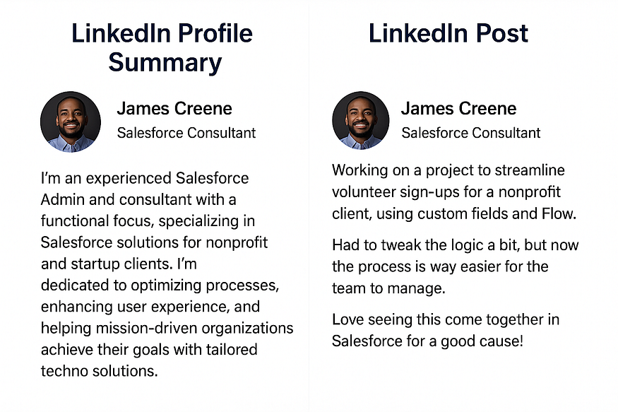 Side-by-side comparison of a LinkedIn profile summary and a LinkedIn post for a Salesforce professional.