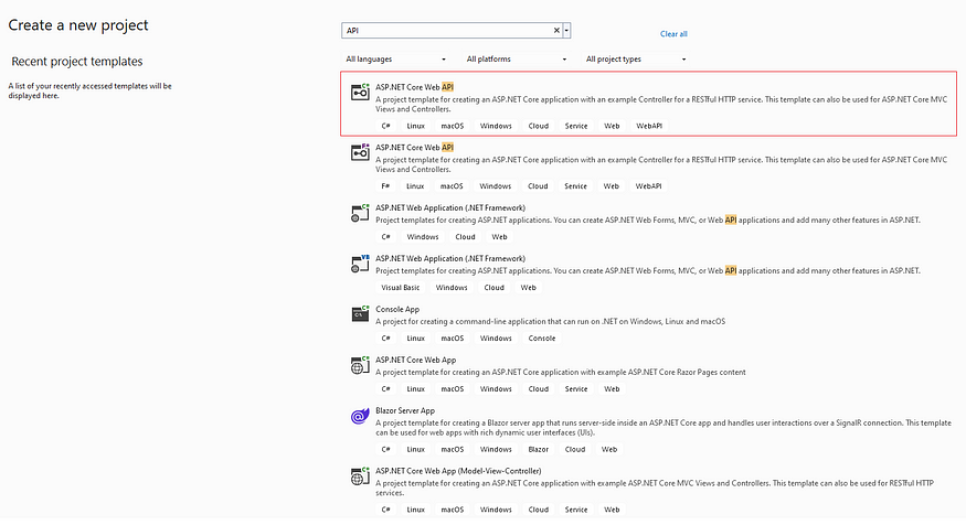 Visual Studio template for creating a new ASP.NET Core Web API project