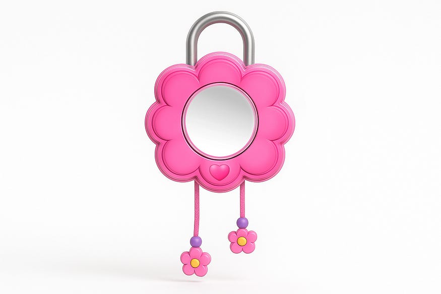 A pink flower-shaped padlock with mirror face and dangling floral charms, designed to appeal to a more feminine audience.