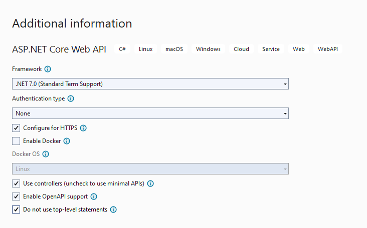 Additional configuration options for the ASP.NET Core Web API project