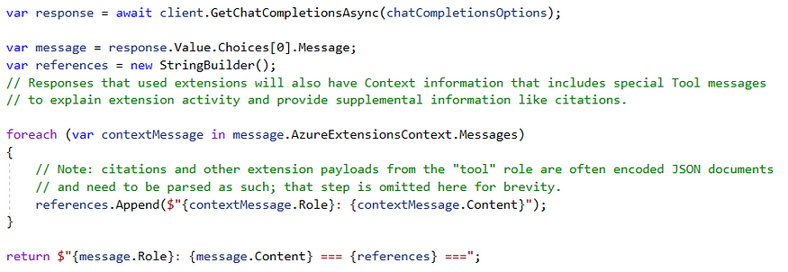 Calling the GetChatCompletionAsync method and parsing the output message along with the citations or references