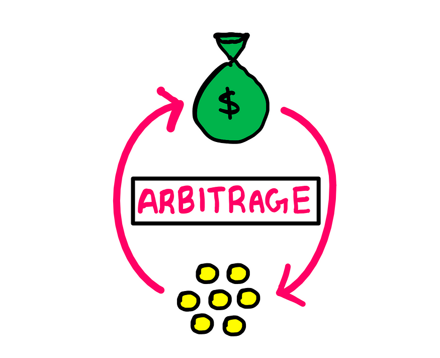 A Counterintuitive Fiat Money Arbitrage — A bag of money on top and a pile on coins in the bottom are linked by recurring cycles. The word “Arbitrage” is mentioned at the center.