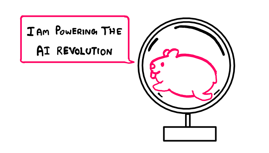 A cartoon hamster that is running inside a whee says “I am powering the AI revolution”.