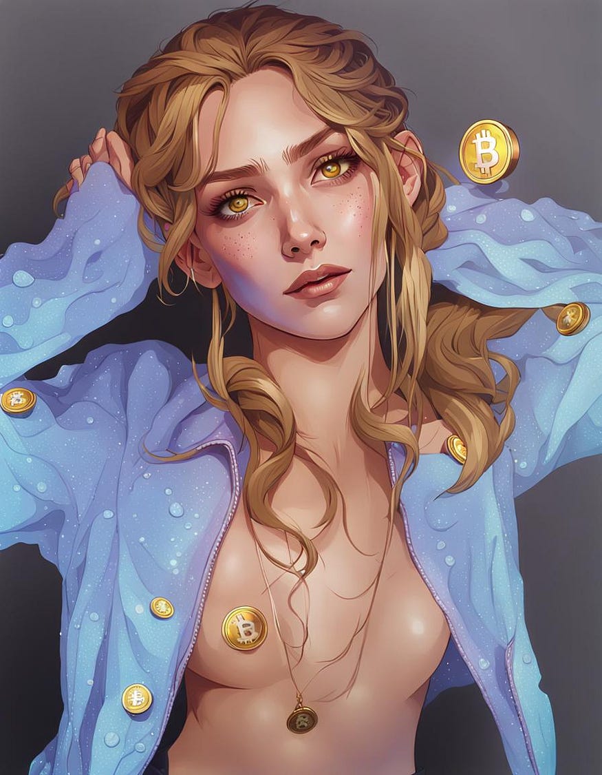 There is a beautiful, sexy, blond girl in the picture with Bitcoin coins all over her