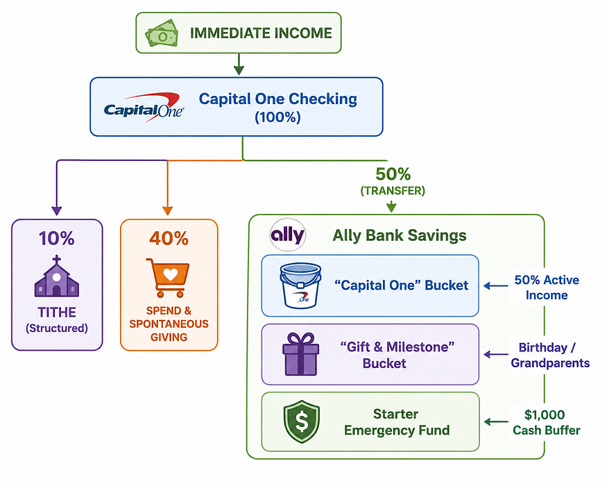 A finance flowchart tracing income distribution. “Immediate Income” flows into a “Capital One Checking” hub. It splits three ways: 10% to a “Tithe” church icon, 40% to a “Spend & Spontaneous Giving” cart icon, and 50% transfers into an “Ally Bank Savings” account holding separate buckets for active income, milestone gifts, and a “$1,000 Cash Buffer” emergency fund.