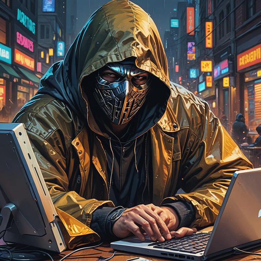 A masked scammer under a hood types on the computer and stalks the victim
