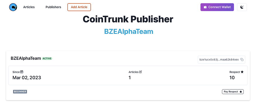 CoinTrunk decentralized application based on BZE Blockchain view publisher page