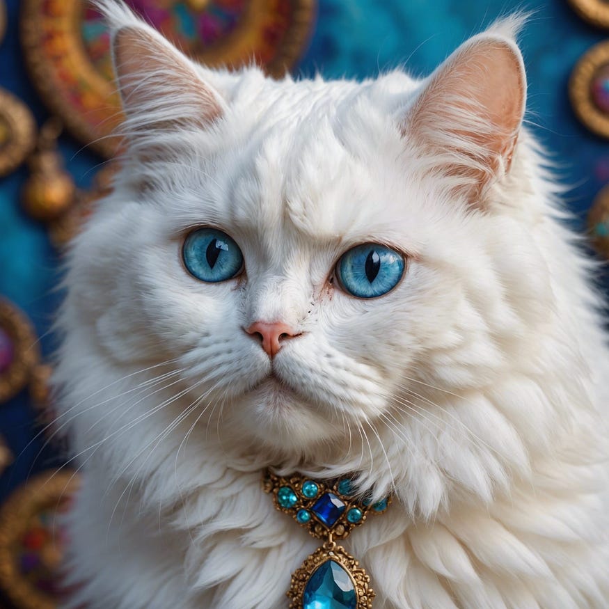There is a white persian cat with blue eyes in the picture