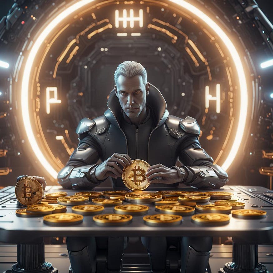 A man in the armour is aitting at the table full of Bitcoins