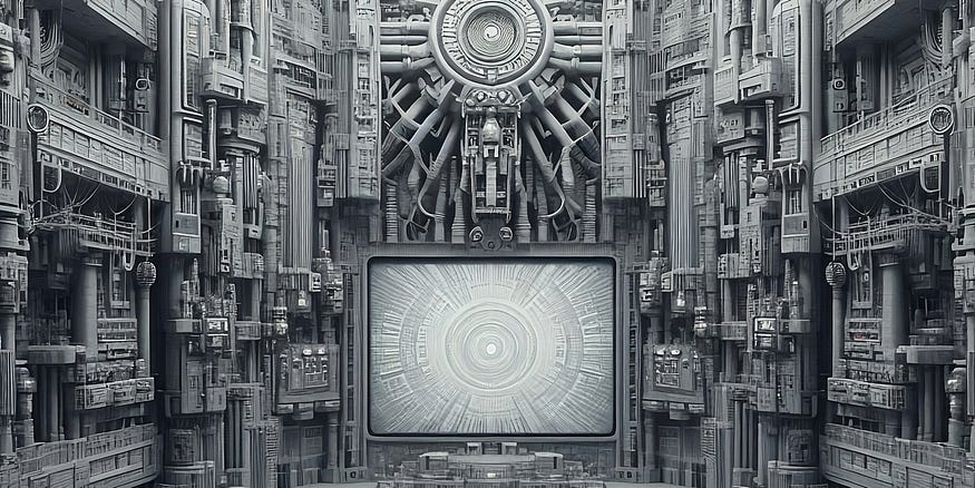 An abstract, black and white image of a screen depicting a geometric image surrounded by geometric shapes. Obviously AI generated.