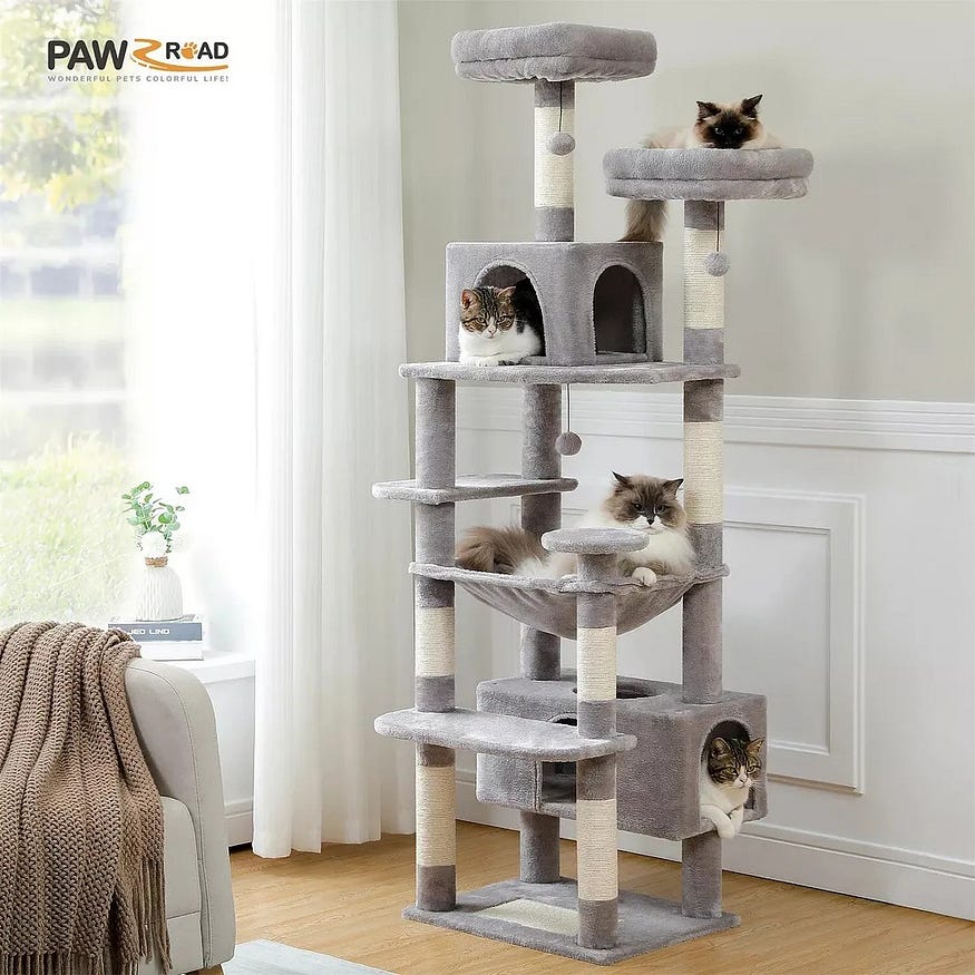 A cat scratcher with multiple cats is in the picture