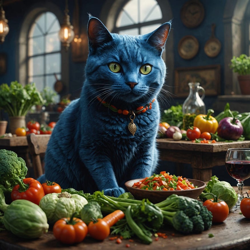 A beautiful blue cat sits at a table full of various vegetables and eats them with pleasure
