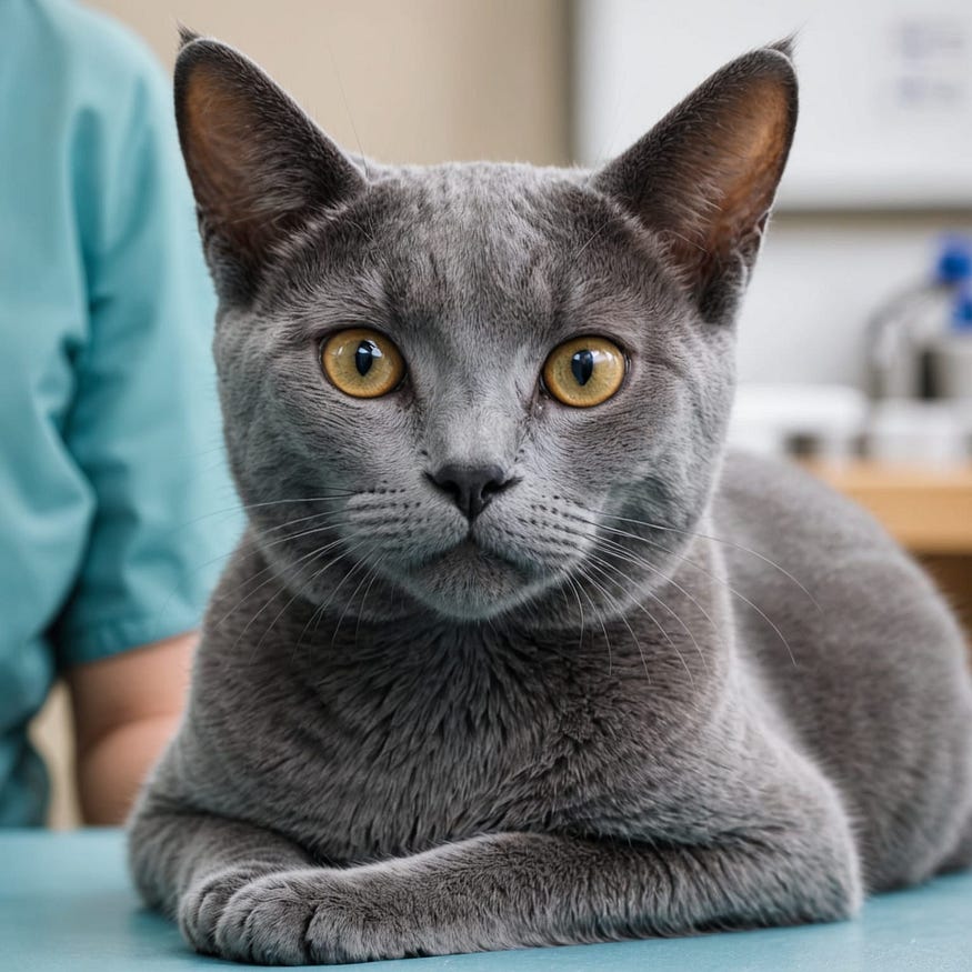 Beautiful Russian Blue Cat at the vet