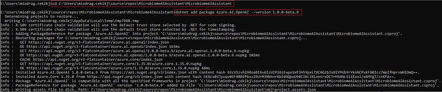 Installing Azure.AI.OpenAI package in the solution via CMD