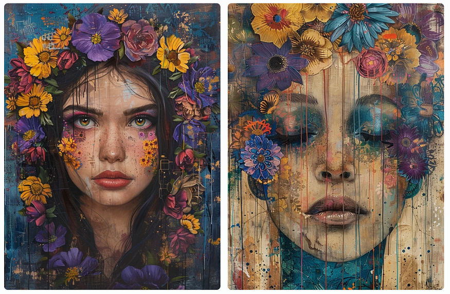 boho style wall art, close up of women's faces, surrounded by colorful flowers, hippie aesthetic, digital illustration, AI generated image, created with Midjourney.