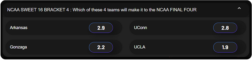 In Bracket 4 , №2 UCLA facing №3 Gonzaga. №4 UConn will face off against №8 Arkansas.