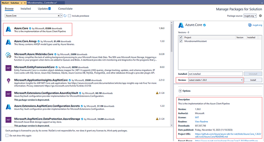 Installing Azure.Core NuGet package in the solution