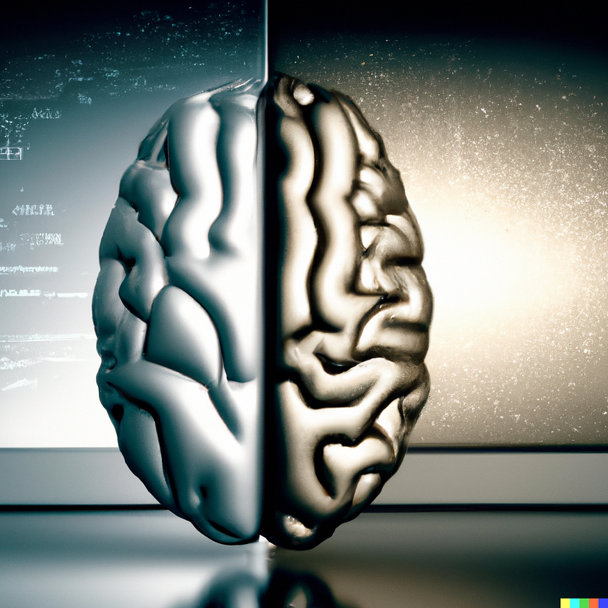 A brain (represents knowledge) and AI (computer) separated from each other