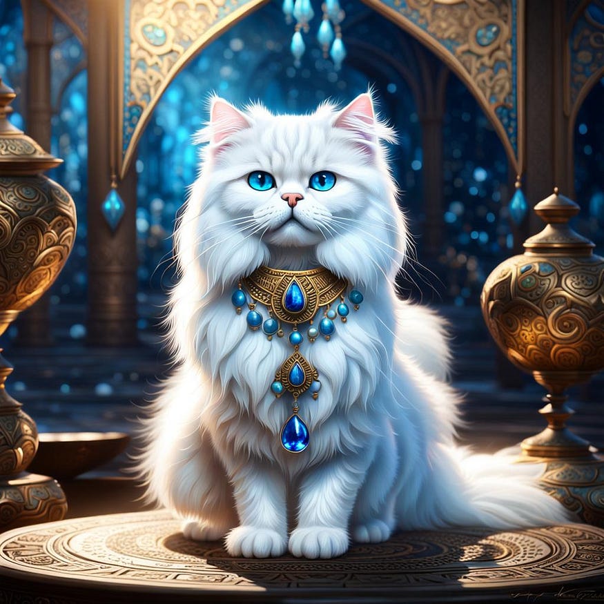 There is a white persian cat in the picture