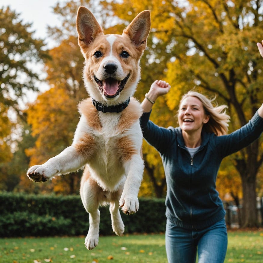 A beautiful puppy jumps with joy in front of its owner
