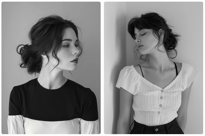 fashion photography, black and white, woman in minimalistic top, monochromatic colors, AI generated image, created with Midjourney.