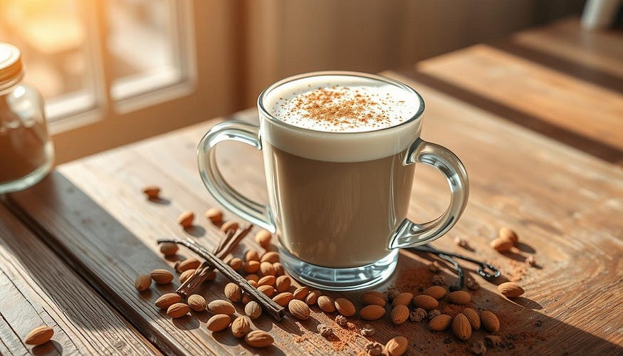 A creamy protein vanilla latte made with almond milk, elegantly served in a clear glass cup, topped with frothy almond milk foam, surrounded by scattered vanilla beans and a sprinkle of cinnamon, set on a rustic wooden table with warm morning sunlight streaming in.