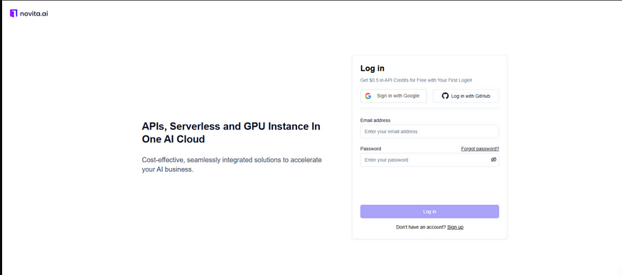 Novita AI log in page