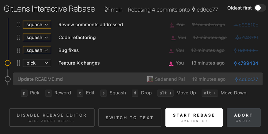 Git Rebase view after editing