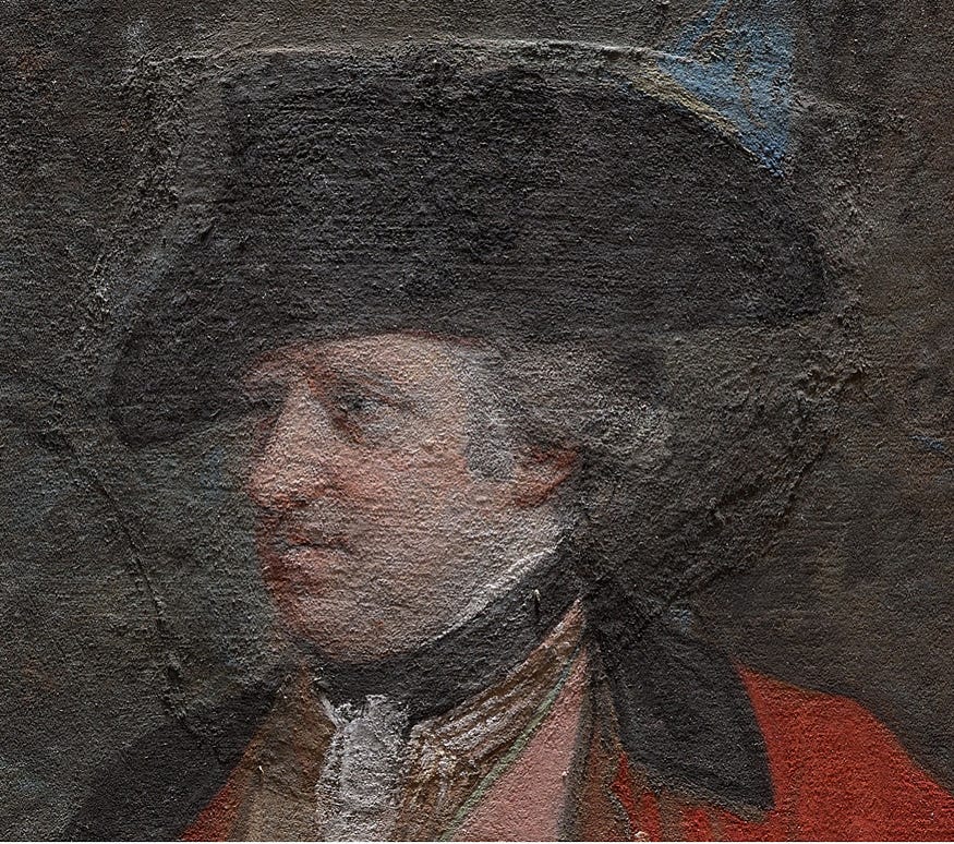 Outline of an organic shaped patch cutting around Cowper's head from just below the neck to above the black, tricorn hat.