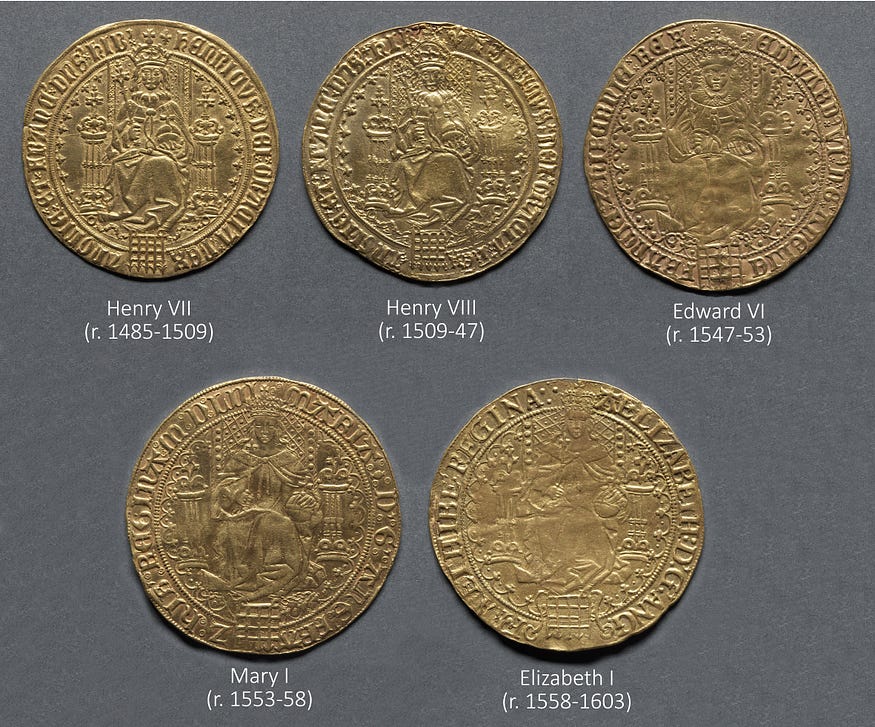 Gold coins of three monarchs, each with an inscription circling an image of an enthroned, stylized monarch wearing a crown and holding a scepter and orb.