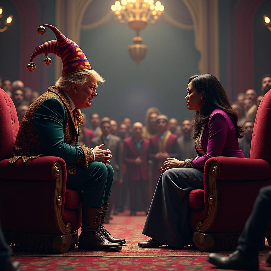 Trump dressed like a court jester debating with Harris