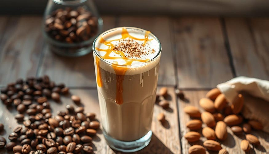 A creamy vanilla protein shake blended with coffee, served in a tall glass, topped with frothy almond milk foam, delicate caramel drizzle, and a sprinkle of cinnamon, surrounded by coffee beans and almonds on a rustic wooden table, warm sunlight illuminating the scene.