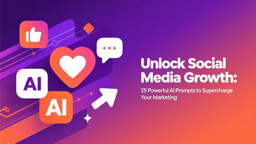 A minimalist blog header image with soft gradient background blending from purple to orange. Left side: simple line art illustration showing social media icons (heart, comment, share) with subtle AI circuit patterns. Right side: blank space for title text. Style: clean vector illustration, modern, professional. High quality, 8K, aspect ratio 2:3.