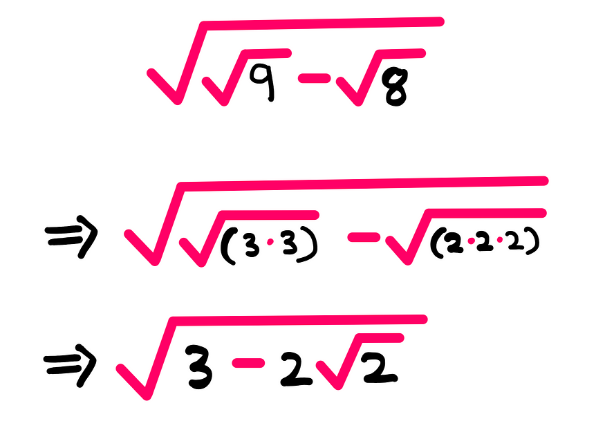 How To Simplify This Radical — A whiteboard style expression that shows the following expression: √(√9 −√8) = √(√(3*3) −√(2*2*2)) = √(3 −2√2)