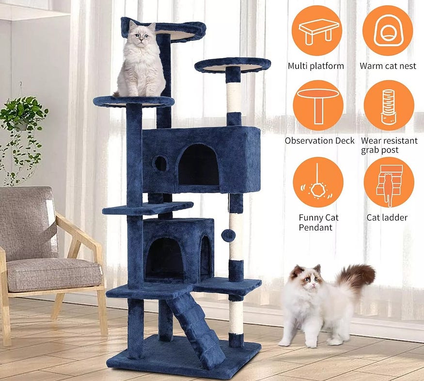 A cat scratching post with two cats and instructions