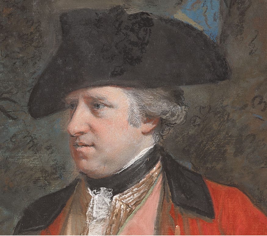 Cowper's face with the darkest peach-pink at the cheeks subtly blending into the grey tones of the lower face, and with faint highlights on the tip of the nose and the lips.