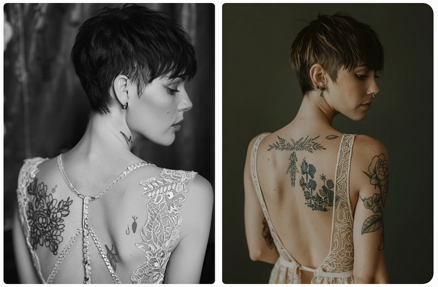 A beautiful woman with short hair and minimalist tattoos, wearing a backless dress in the style of naturalistic style photography, AI generated image, created with Midjourney.