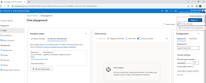 The built-in ‘Deploy to’ button in the Azure OpenAI Chat Playground for deploying the solution