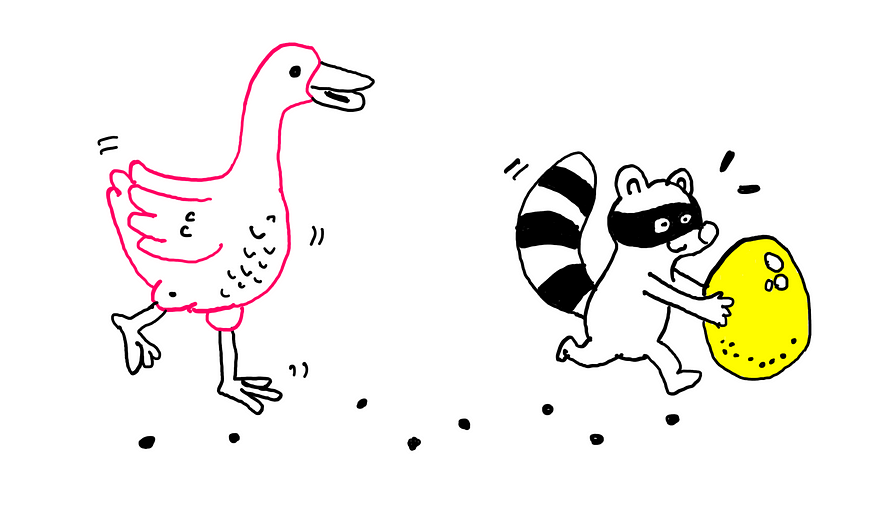 A cartoon goose chasing after a cartoon racoon that has stolen its golden egg.