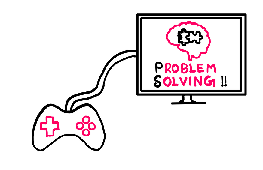 How To Get Better At Problem Solving — An illustration showing a videogame controller connected to a monitor. The monitor has a 2D-brain with two connected jigsaw puzzle-pieces inside. Below these puzzle pieces, we have the following words: “Problem Solving!!”